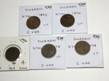 Sweden  2 Ore 1883 Vf, 1890 Vf, 1896 Vf,1898 Vf, 1898 Vf