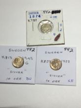 Sweden 10 Ore 1874 F, 1945 Silver Bu, 1952 Silver Xf