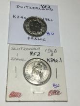 Switzerland 1 Franc 1968bu, 1980 Bu