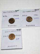 Switzerland Rappen 1931 Unc. 1936 Xf, 1952 Unc