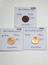 Switzerland Rappen 1952 Unc, 1952 Bu, 1956 Bu