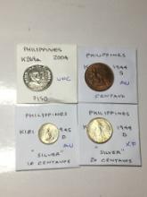 Phillipines 2004 Piso Unc, (2) 1944 Centavo Au, 1945 D 10 Centavos "silver" Au,