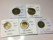 Mexico 2001 "bimetal" Peso Bu, 1992 "bimetal" 5 New Peso Bu, 1950 "silver" 25 Centavos Very Fine+,