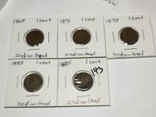 (5) Indian Head Cent 18665, 1871, 1873, 1883, 1885