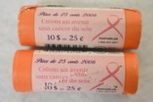 2 - $10 Rolls of Canadian 25 cent Breast Cancer Awareness Coins w pink ribbon design