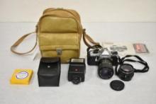 Vintage Pentax ME Super Camera with Flash Unit, Lenses, and Leather Carry Bag