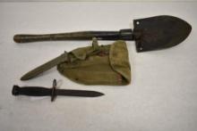 U.S. Military Folding Trenching Shovel and Bayonet with Scabbard