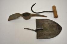 Assorted WW2 U.S. Tools-Shovel Head, Pick Axe Blade, Wood Handle Hook