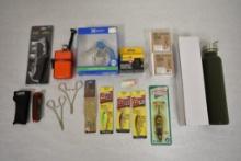 Assorted Camping & Fishing Accessories Tackle, Water[proof Matches, Swiss Army Knife, and more