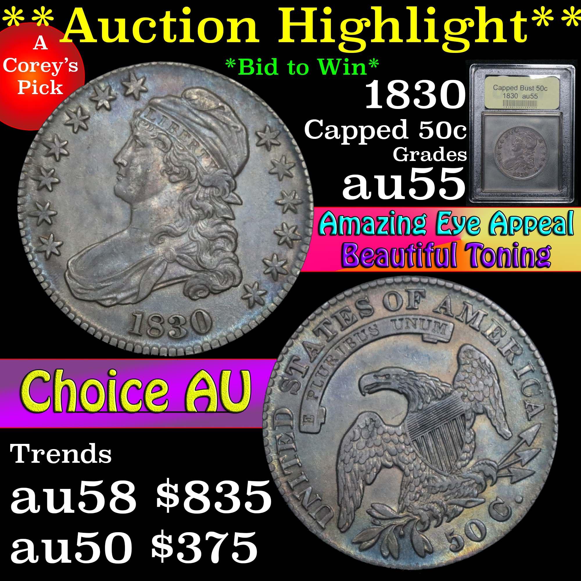 ***Auction Highlight*** 1830 Capped Bust Half Dollar 50c Graded Choice AU by USCG (fc)
