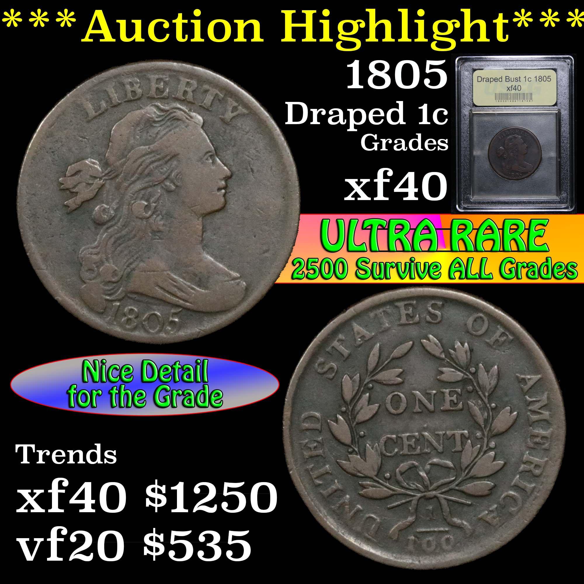 ***Auction Highlight*** 1805 Draped Bust Large Cent 1c Graded xf by USCG (fc)