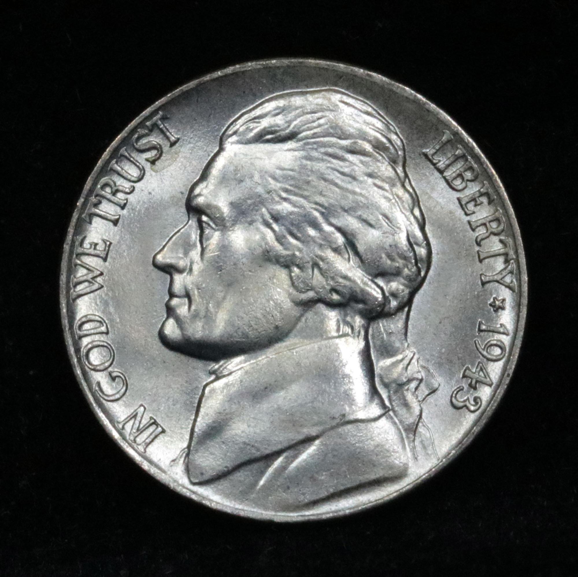 1943-p Jefferson Nickel 5c Grades Choice+ Unc