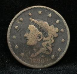 1836 Coronet Head Large Cent 1c Grades f+