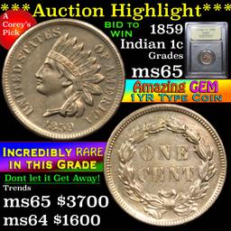 ***Auction Highlight*** 1859 Indian Cent 1c Graded GEM Unc by USCG (fc)