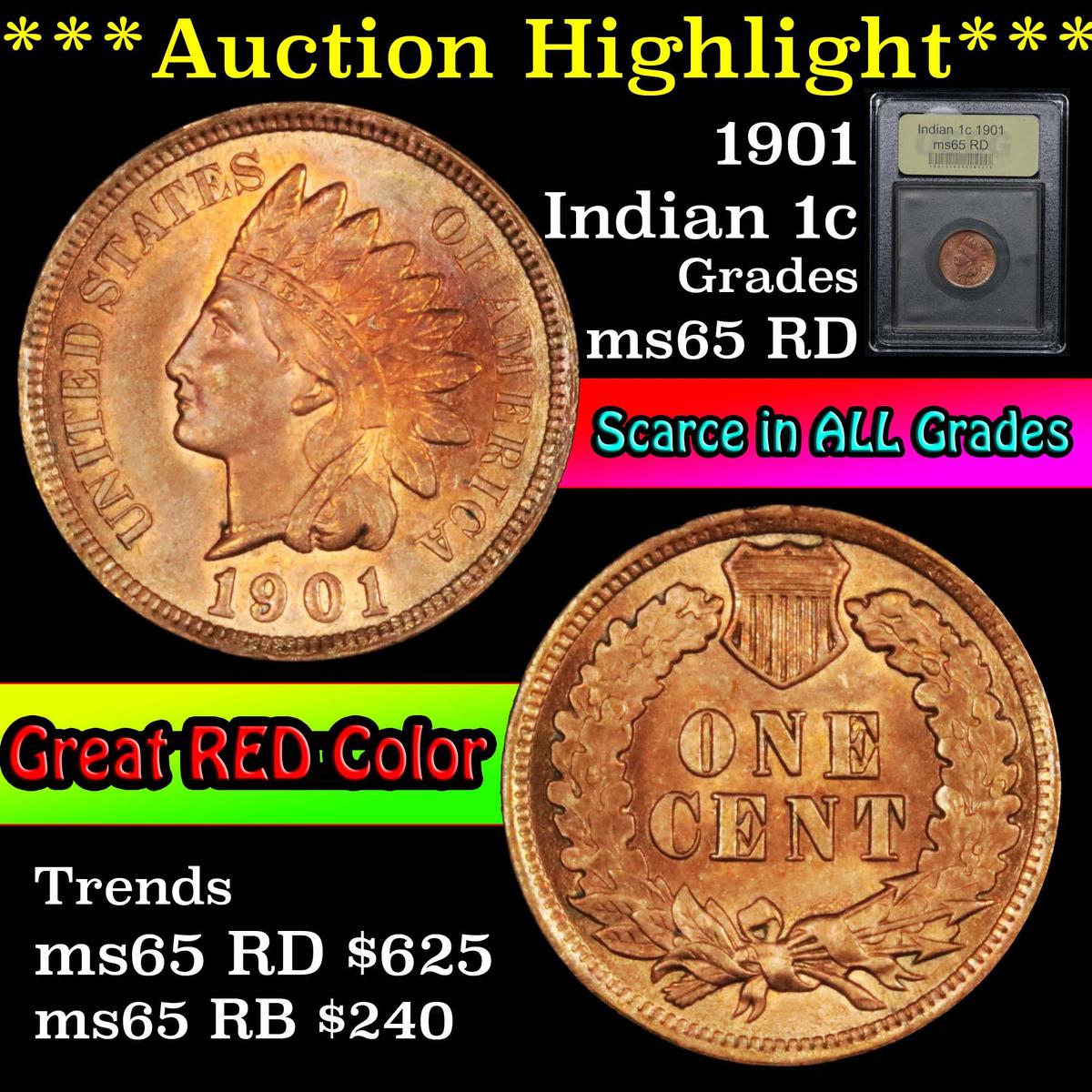 ***Auction Highlight*** 1901 Indian Cent 1c Graded GEM Unc RD By USCG (fc)