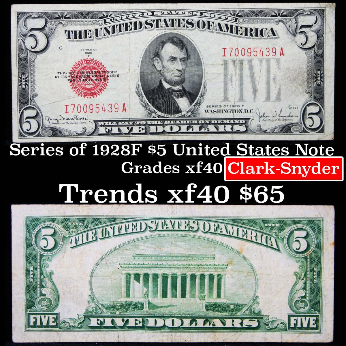 1928F $5 Red Seal United States Note Grades xf