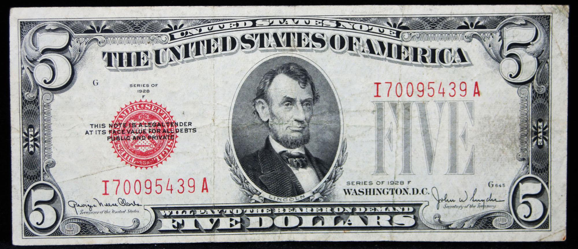 1928F $5 Red Seal United States Note Grades xf