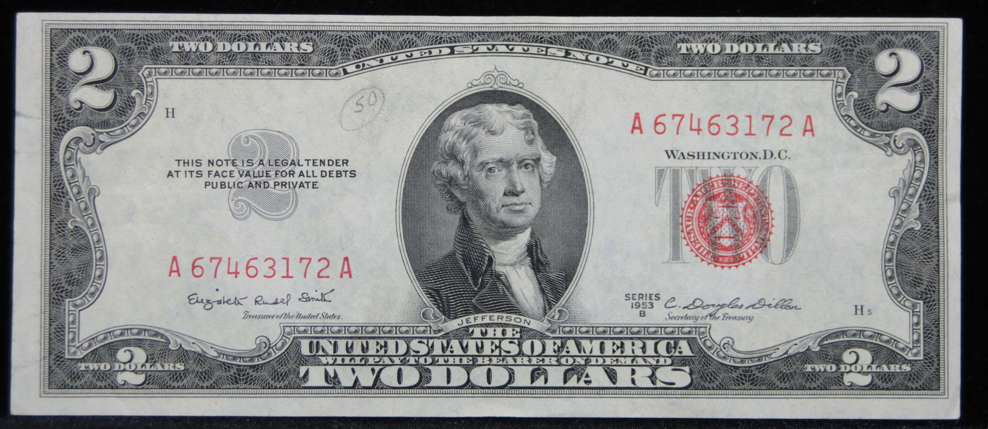 1953B $2 Red Seal United States Note Grades AU, Almost Unc