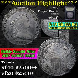 ***Auction Highlight*** 1799 B-19 BB-155 R-5 Draped Bust Dollar $1 Graded xf by USCG (fc)