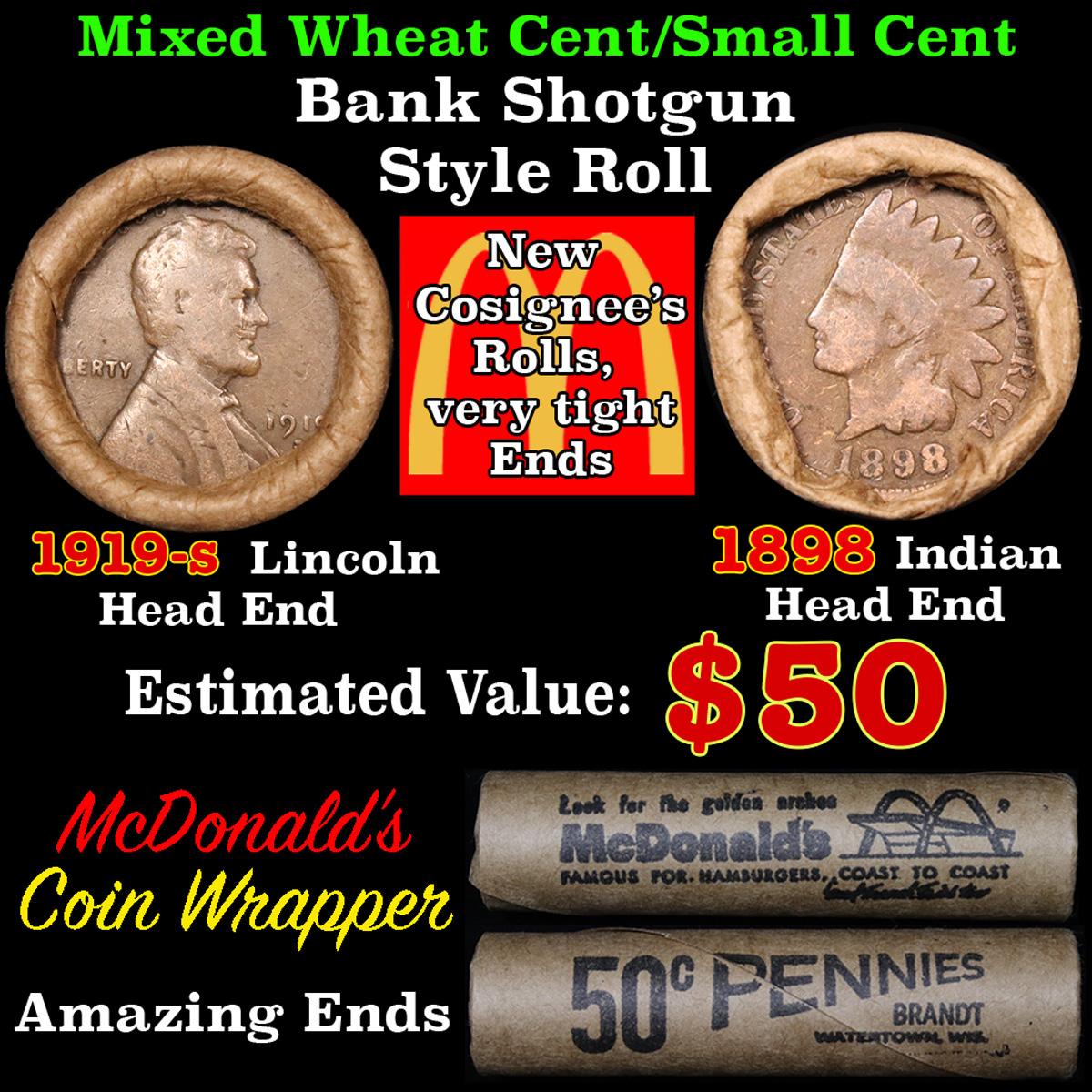 Mixed small cents 1c orig shotgun roll, 1919-s Wheat Cent, 1898 Indian Cent other end