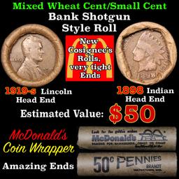 Mixed small cents 1c orig shotgun roll, 1919-s Wheat Cent, 1898 Indian Cent other end