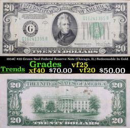 1934C $20 Green Seal Federal Reserve Note (Chicago, IL) Redeemable In Gold Grades vf+