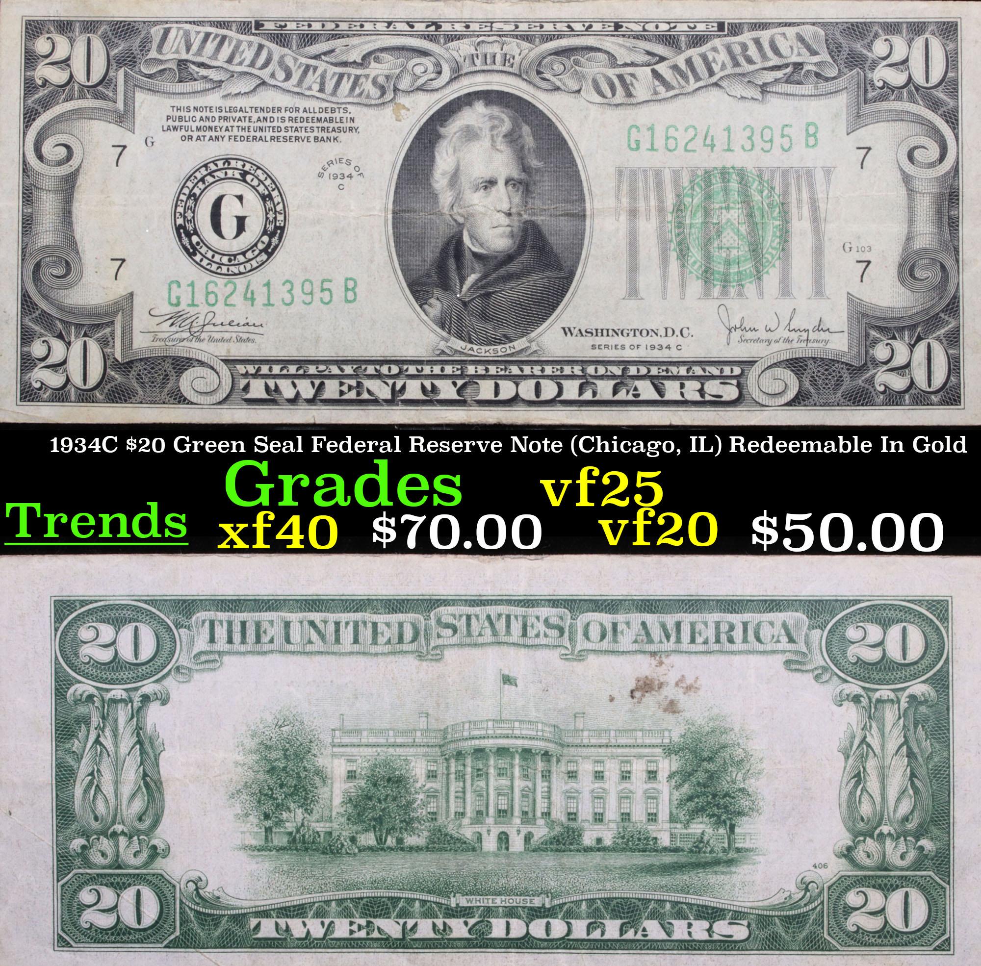 1934C $20 Green Seal Federal Reserve Note (Chicago, IL) Redeemable In Gold Grades vf+