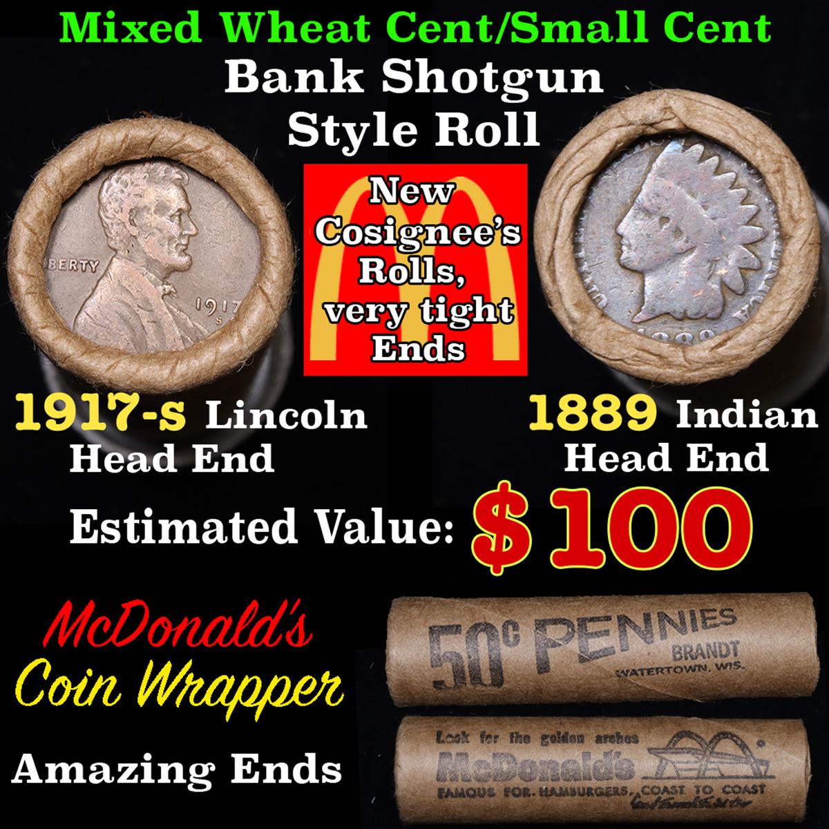 Mixed small cents 1c orig shotgun roll, 1917-s Wheat Cent, 1889 Indian Cent other end, McDonalds Wra