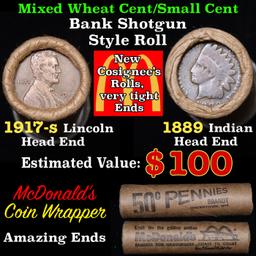 Mixed small cents 1c orig shotgun roll, 1917-s Wheat Cent, 1889 Indian Cent other end, McDonalds Wra