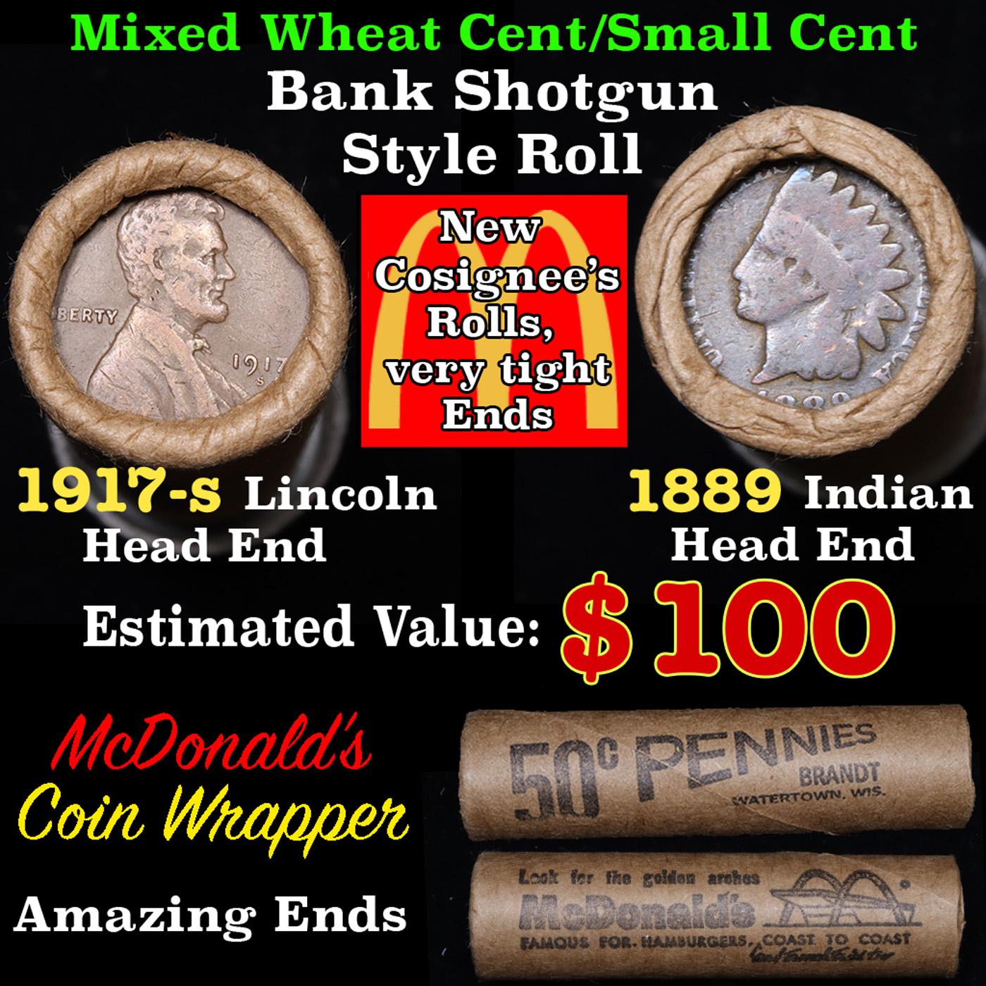 Mixed small cents 1c orig shotgun roll, 1917-s Wheat Cent, 1889 Indian Cent other end, McDonalds Wra