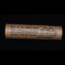 Mixed small cents 1c orig shotgun roll, 1917-s Wheat Cent, 1889 Indian Cent other end, McDonalds Wra