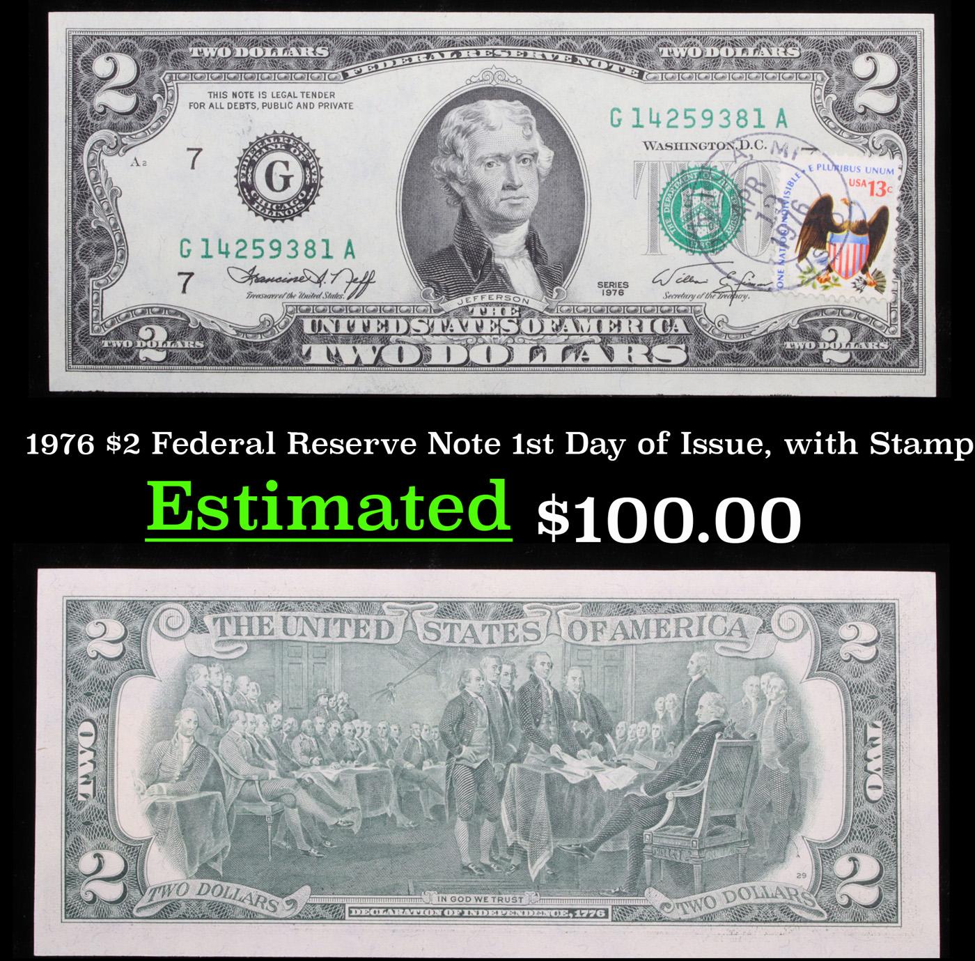 1976 $2 Federal Reserve Note 1st Day of Issue, with Stamp Grades Gem+ CU