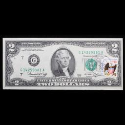1976 $2 Federal Reserve Note 1st Day of Issue, with Stamp Grades Gem+ CU