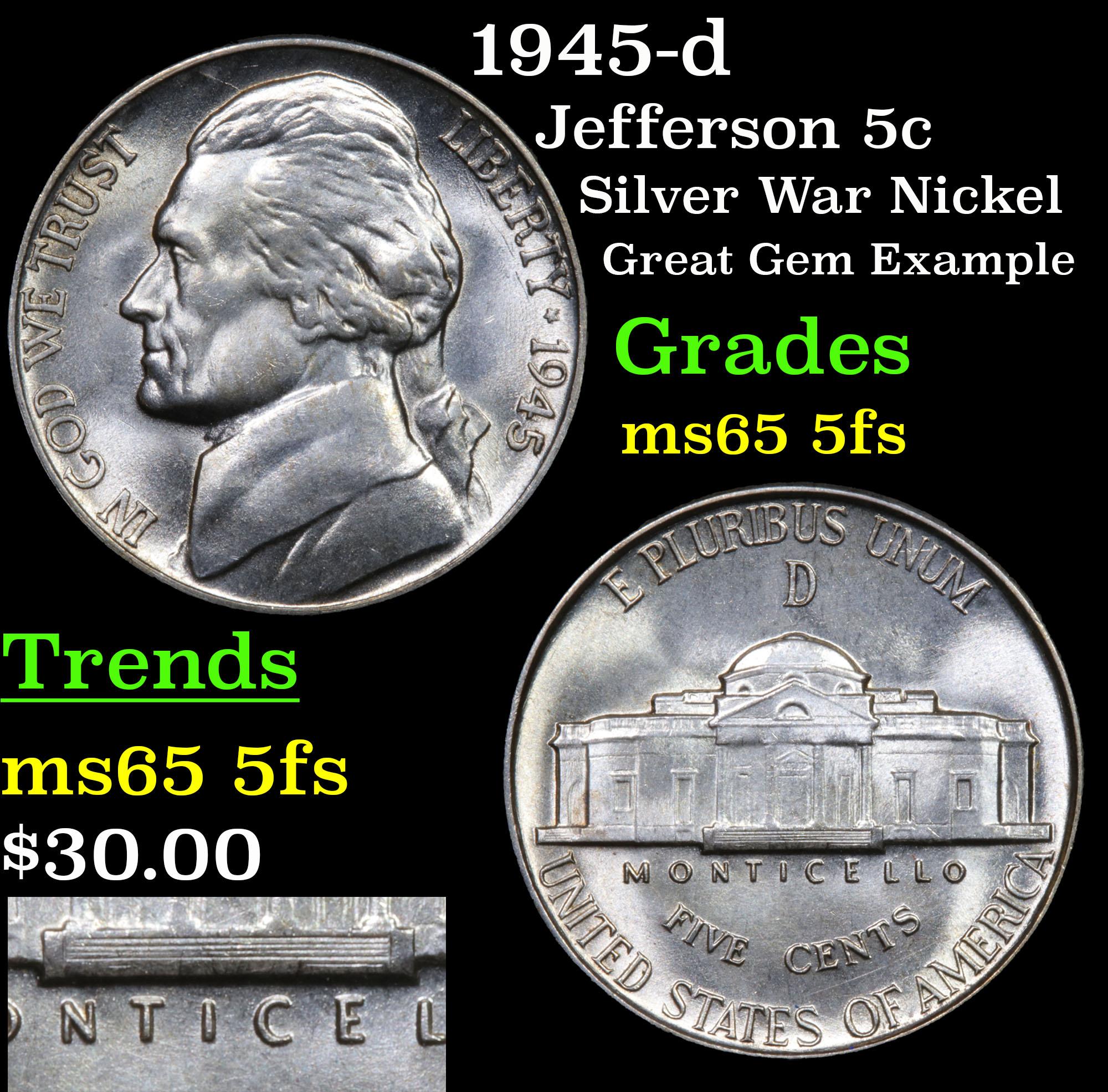 1945-d Jefferson Nickel 5c Grades GEM 5fs