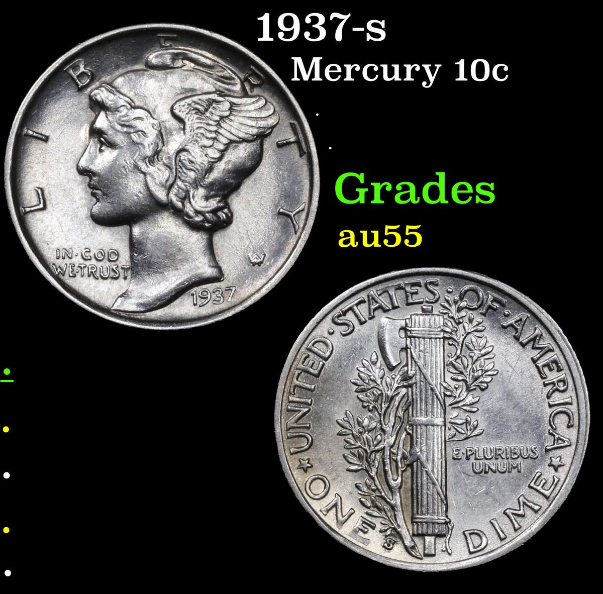 1937-s Mercury Dime 10c Grades Choice AU