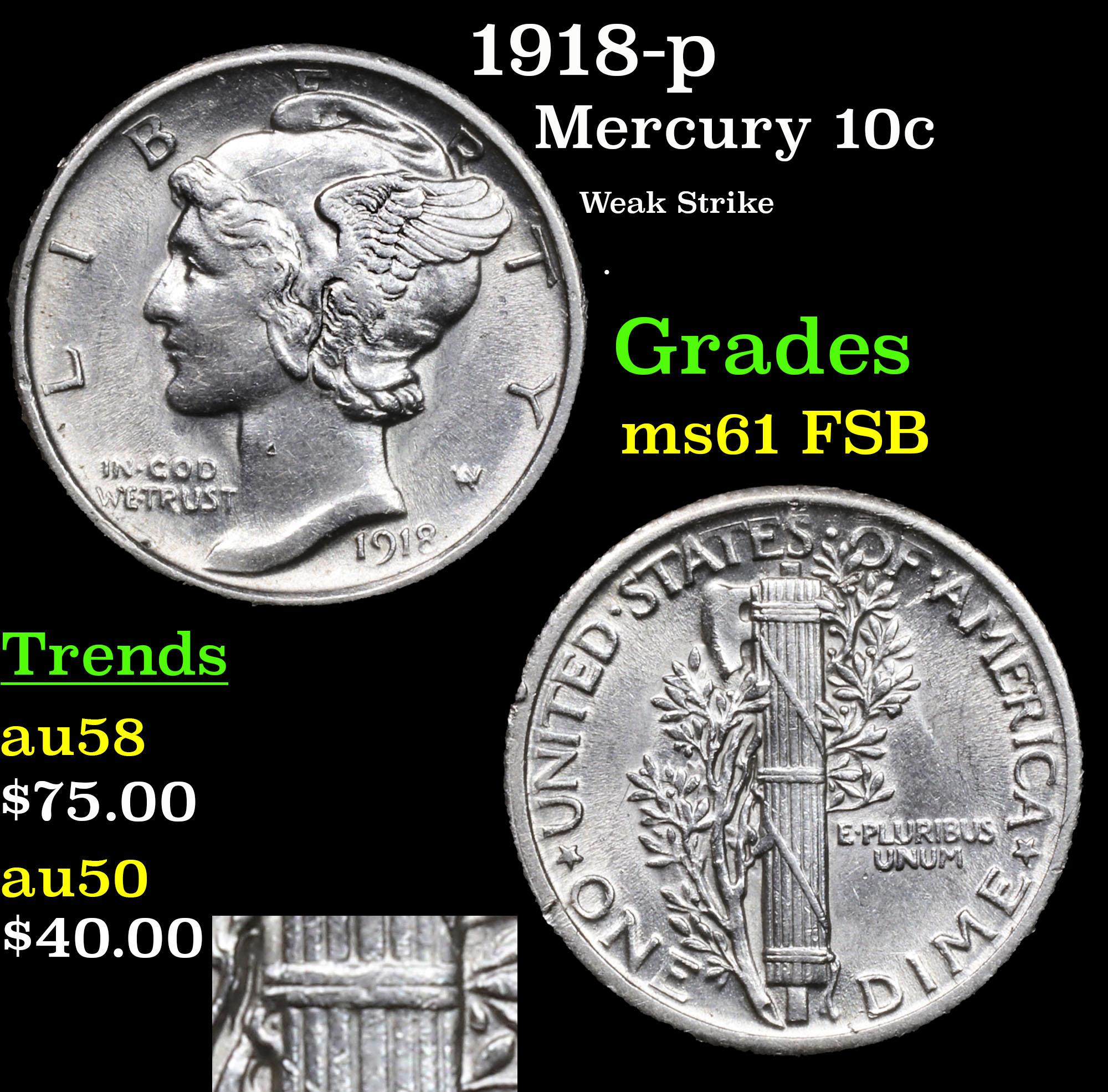 1918-p Mercury Dime 10c Grades Unc+ FSB