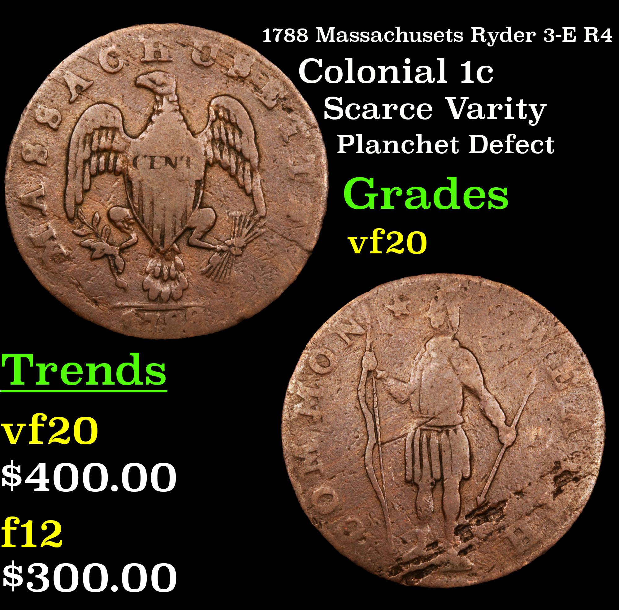 1788 Massachusets Ryder 3-E R4 Colonial Cent 1c Grades vf, very fine