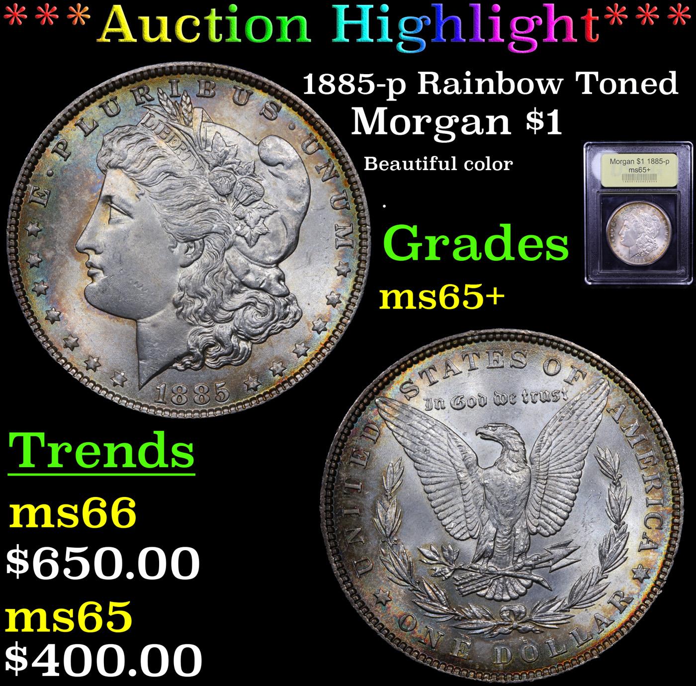 ***Auction Highlight*** 1885-p Rainbow Toned Morgan Dollar $1 Graded GEM+ Unc By USCG (fc)