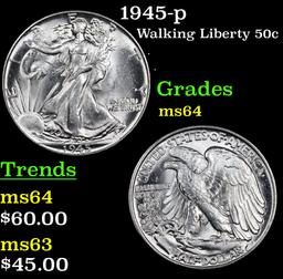 1945-p Walking Liberty Half Dollar 50c Grades Choice Unc