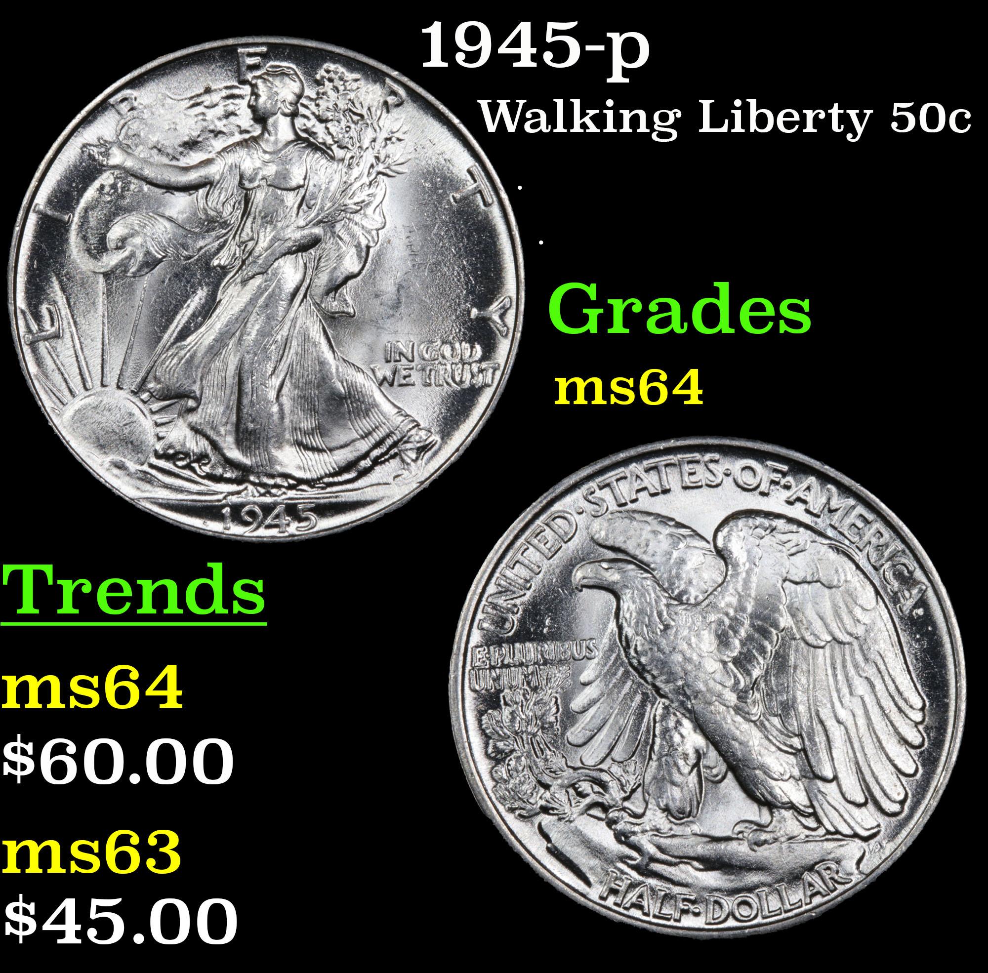 1945-p Walking Liberty Half Dollar 50c Grades Choice Unc
