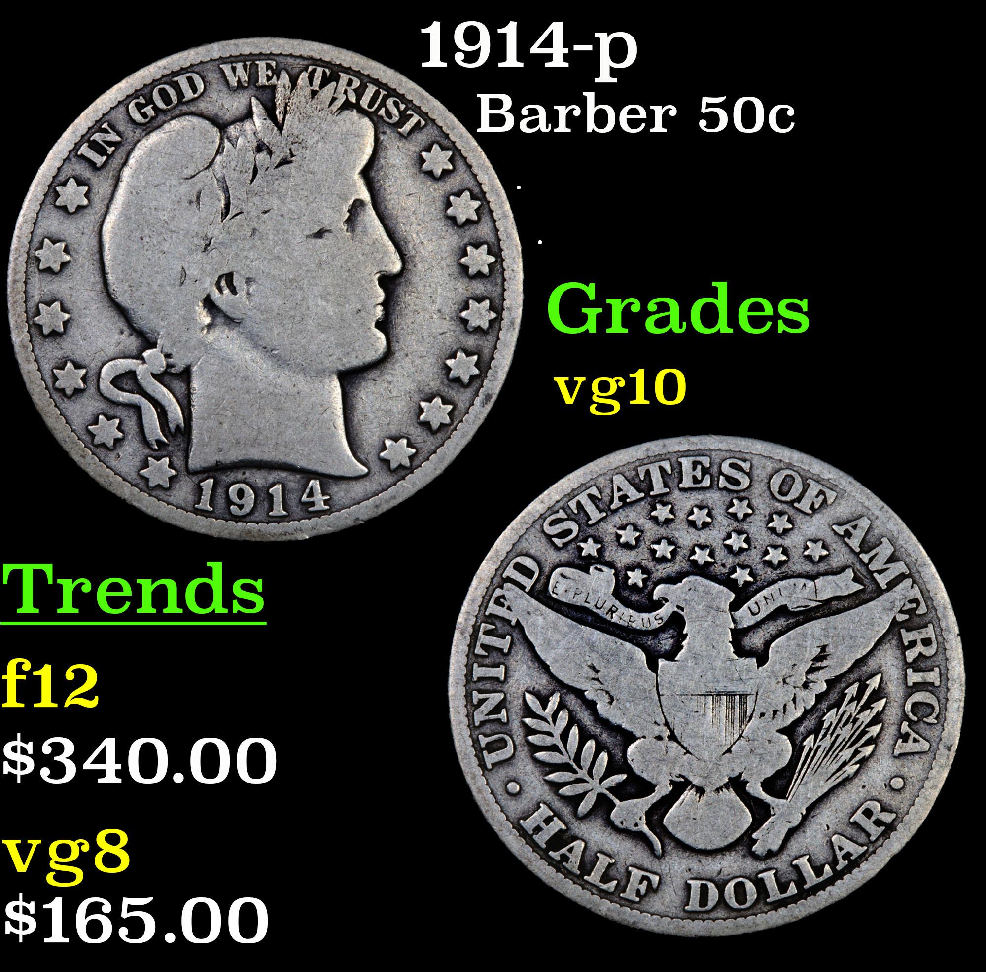 1914-p Barber Half Dollars 50c Grades vg+
