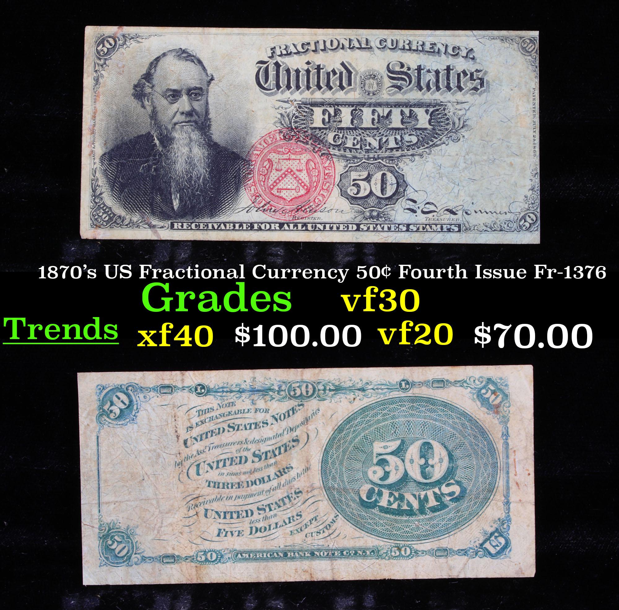 1870's US Fractional Currency 50¢ Fourth Issue Fr-1376 Grades vf++