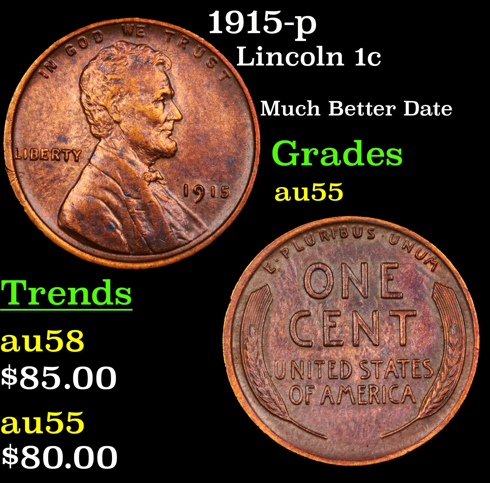 1915-p Lincoln Cent 1c Grades Choice AU