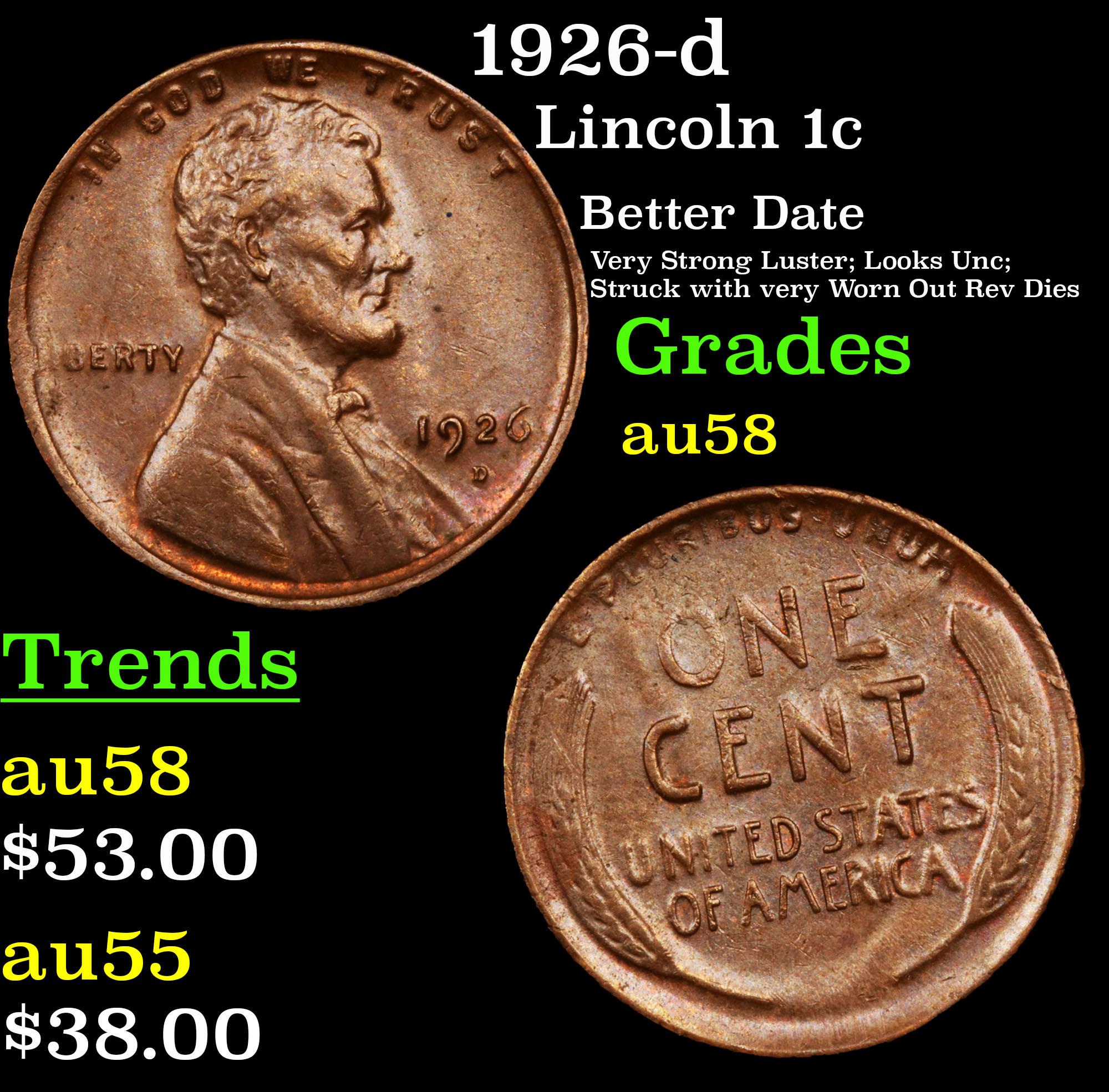1926-d Lincoln Cent 1c Grades Choice AU/BU Slider
