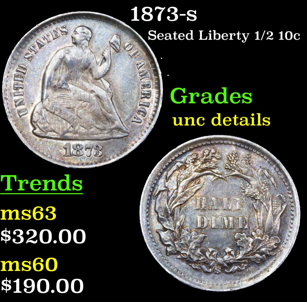 1873-s Seated Liberty Half Dime 1/2 10c Grades Unc Details
