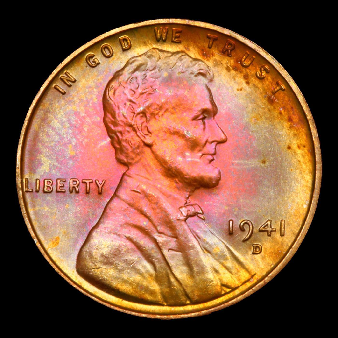 1941-d Rainbow Toned Lincoln Cent 1c Grades GEM+ Unc RB