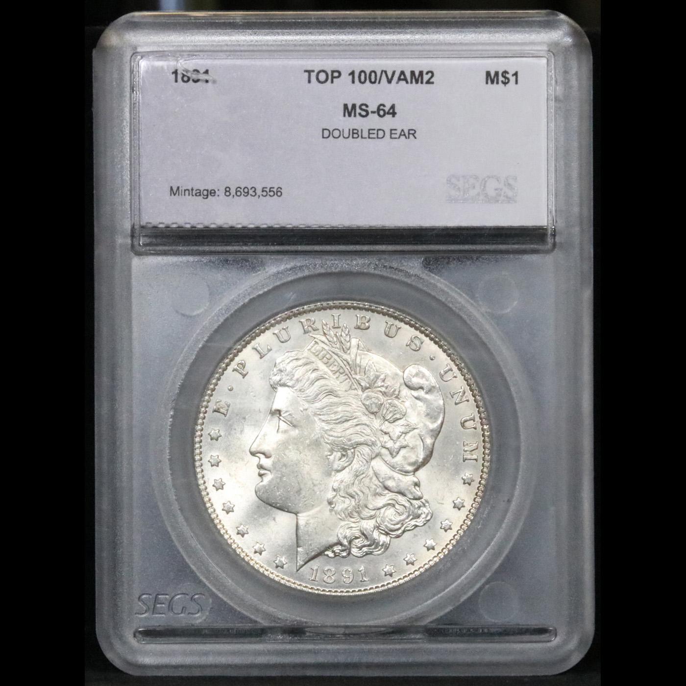 ***Auction Highlight*** 1891-p Top 100 vam 2 Morgan Dollar $1 Graded ms64 By SEGS (fc)