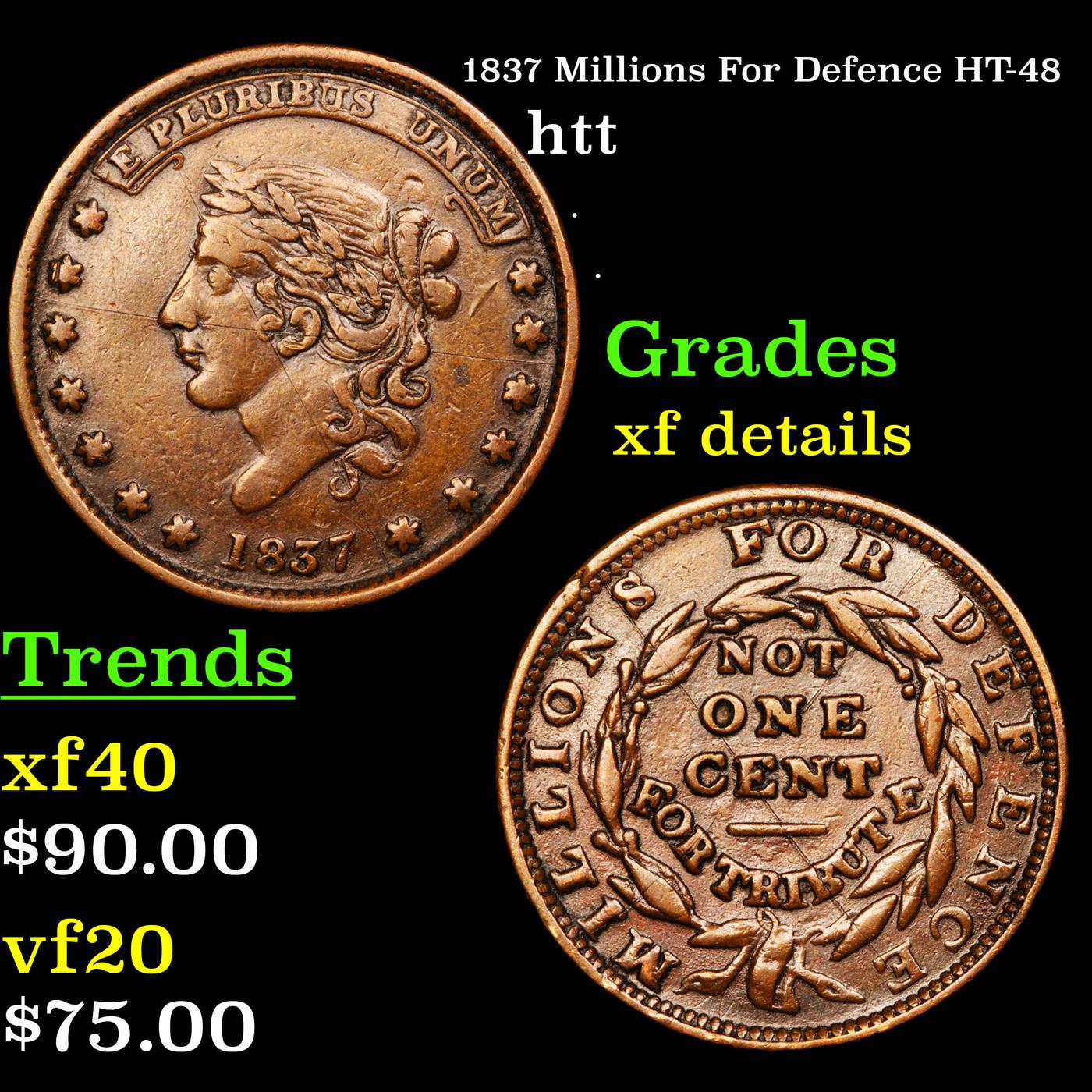 1837 Millions For Defence HT-48 Hard Times Token 1c Grades xf details