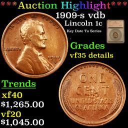 ***Auction Highlight*** 1909-s vdb Lincoln Cent 1c Graded vf35 details By SEGS (fc)