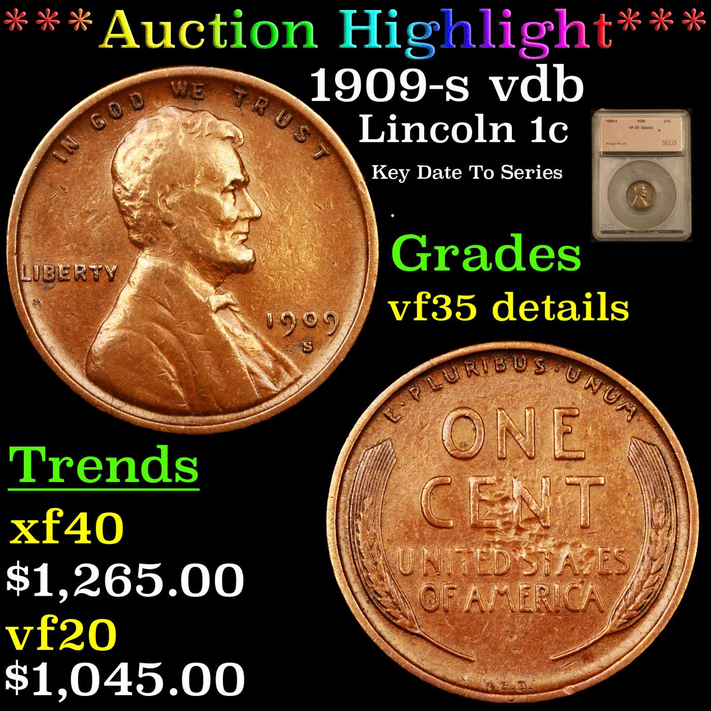 ***Auction Highlight*** 1909-s vdb Lincoln Cent 1c Graded vf35 details By SEGS (fc)
